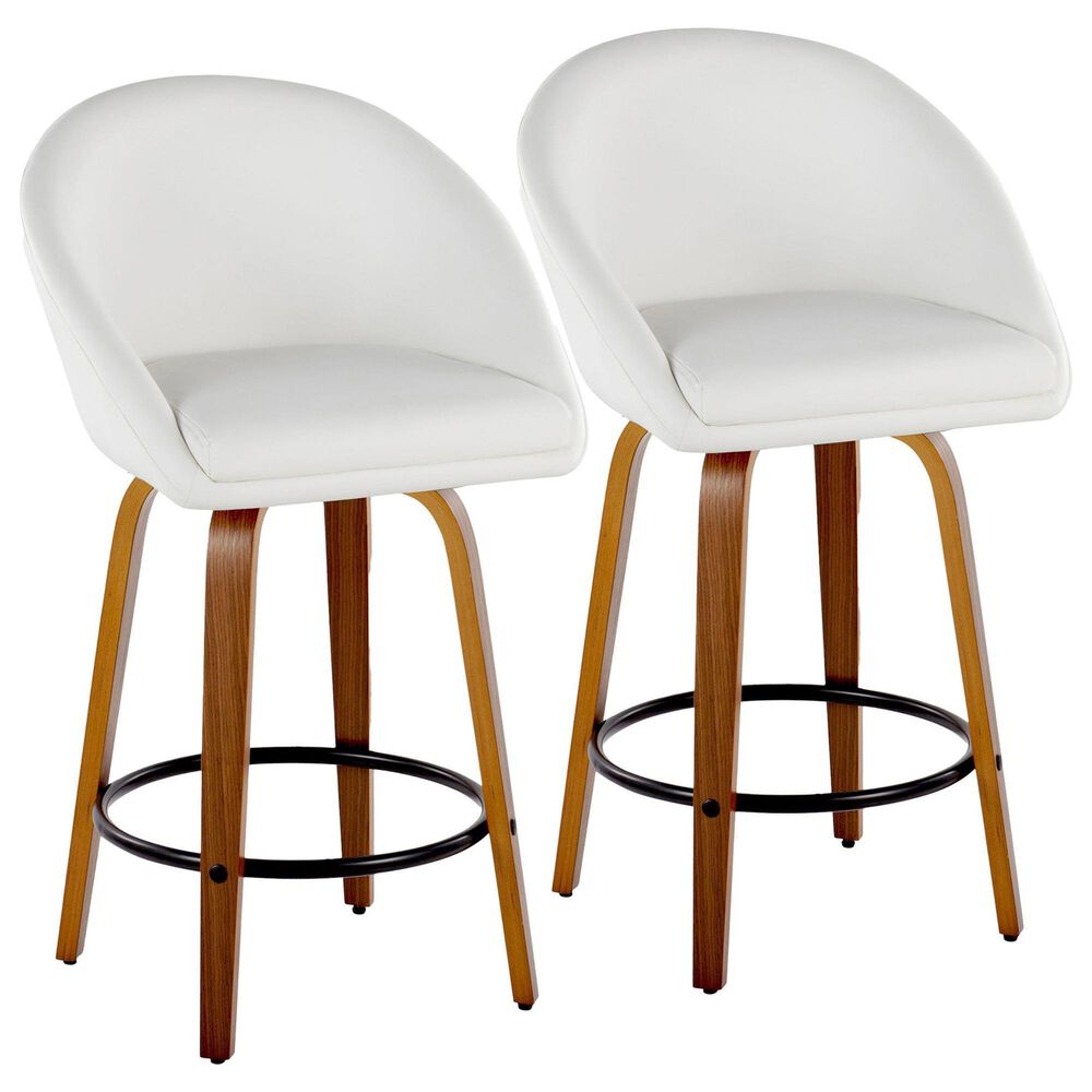 LumiSource Matisse 26" Swivel Counter Stool with White Faux Leather Upholstery in Walnut and Black (Set of 2), , large