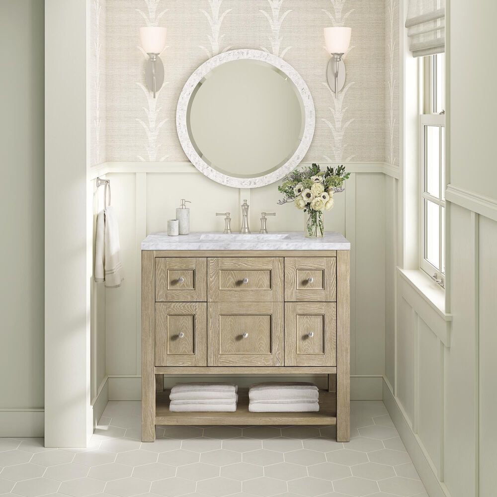 James Martin Vanities Breckenridge 36&quot; Single Vanity in Whitewashed Oak with 3 cm Carrara White Marble Top, , large