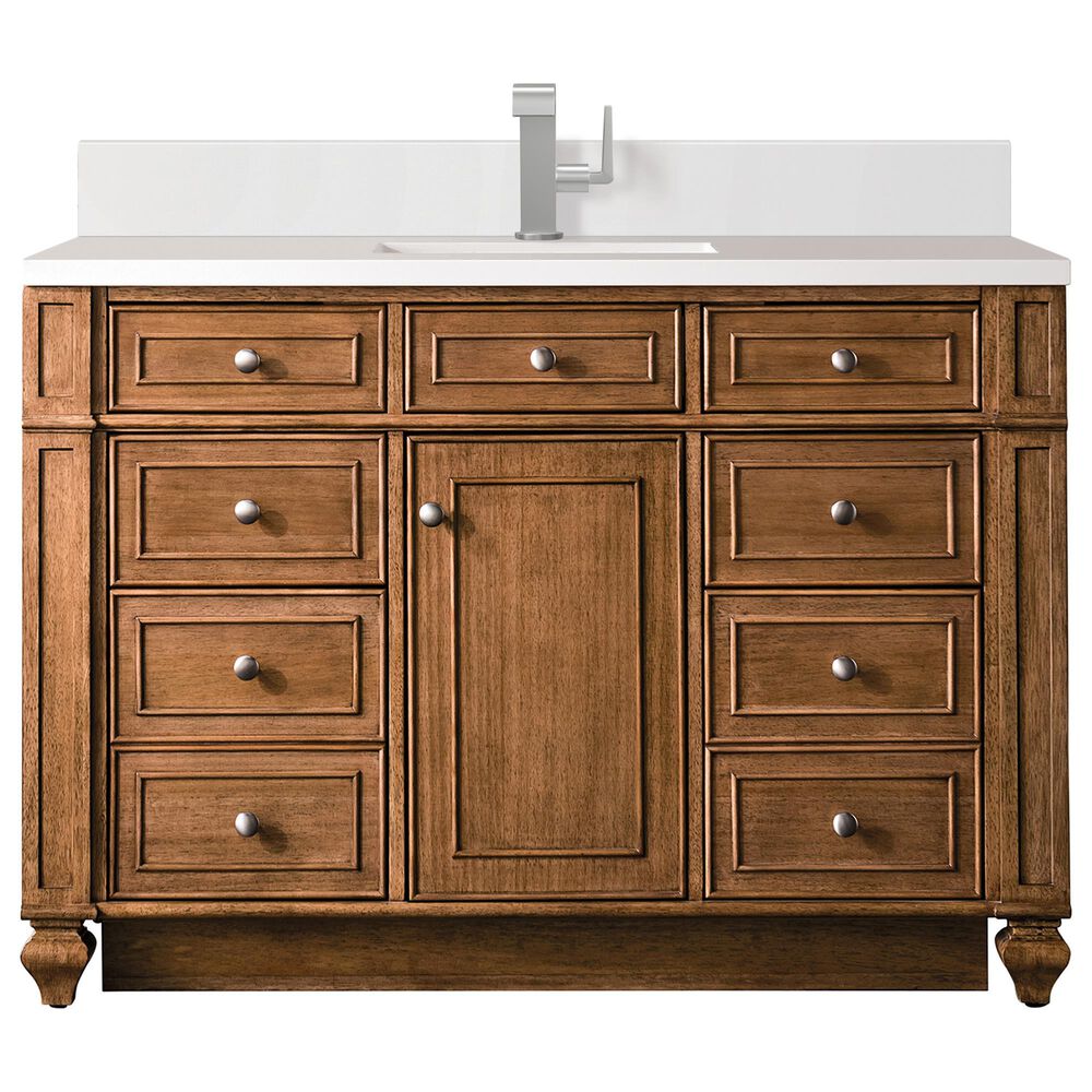James Martin Vanities Bristol 48" Single Bathroom Vanity in Saddle Brown with Single Hole 3 cm White Zeus Quartz Top and Rectangular Sink, , large