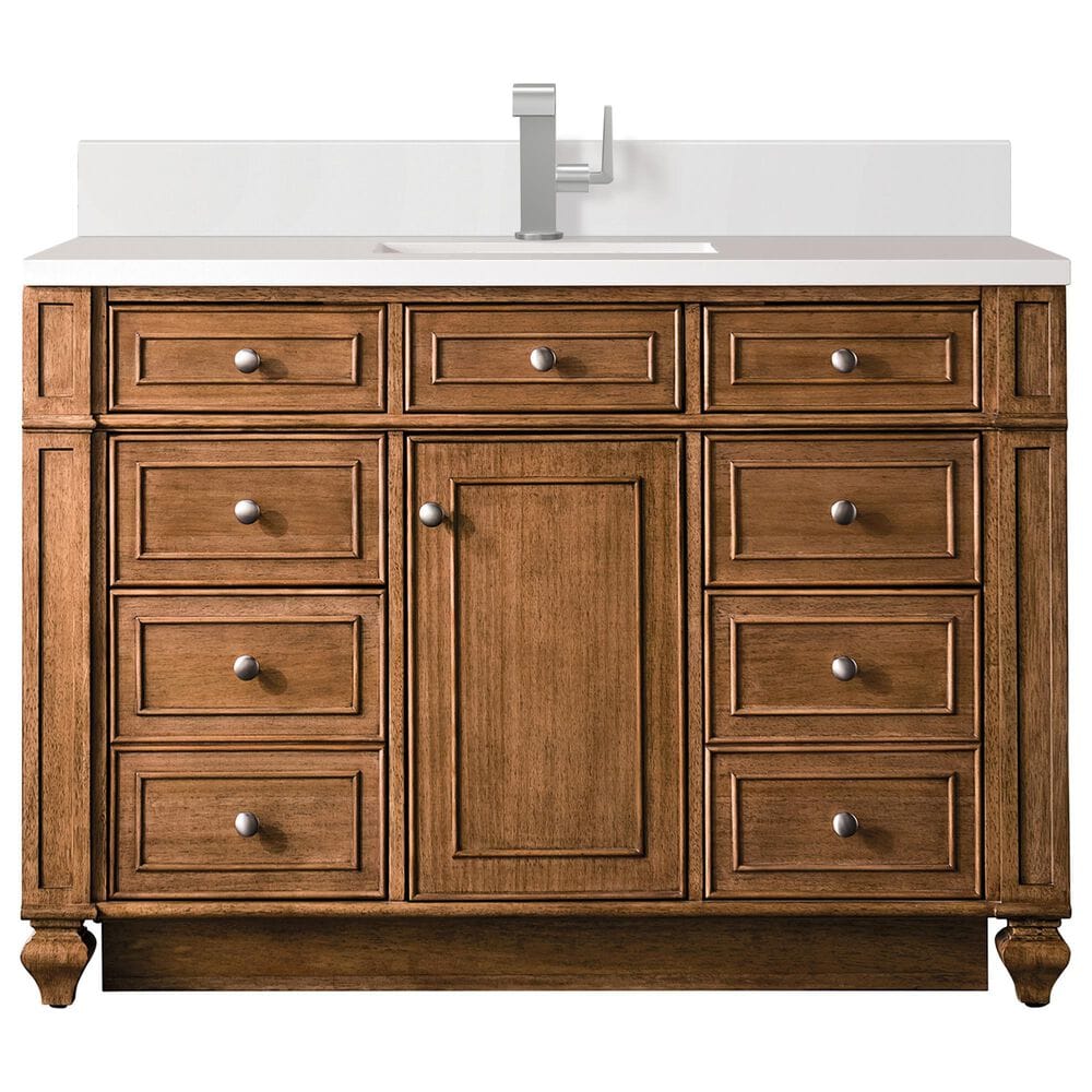 James Martin Vanities Bristol 48" Single Bathroom Vanity in Saddle Brown with Single Hole 3 cm White Zeus Quartz Top and Rectangular Sink, , large
