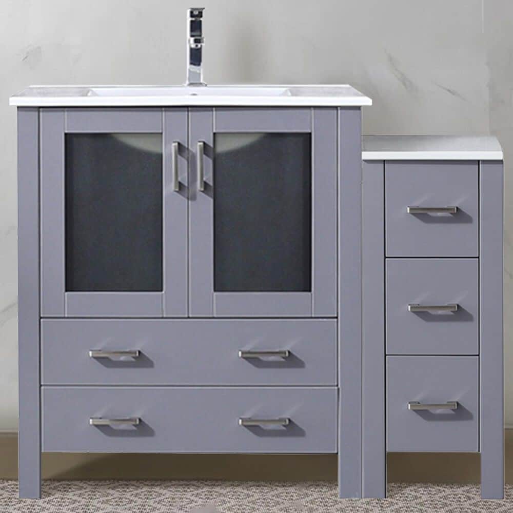 Lexora Home Volez 42&quot; Single Bathroom Vanity in Dark Grey with 2 cm White Ceramic Top, Rectangular Sink and Side Cabinet, , large