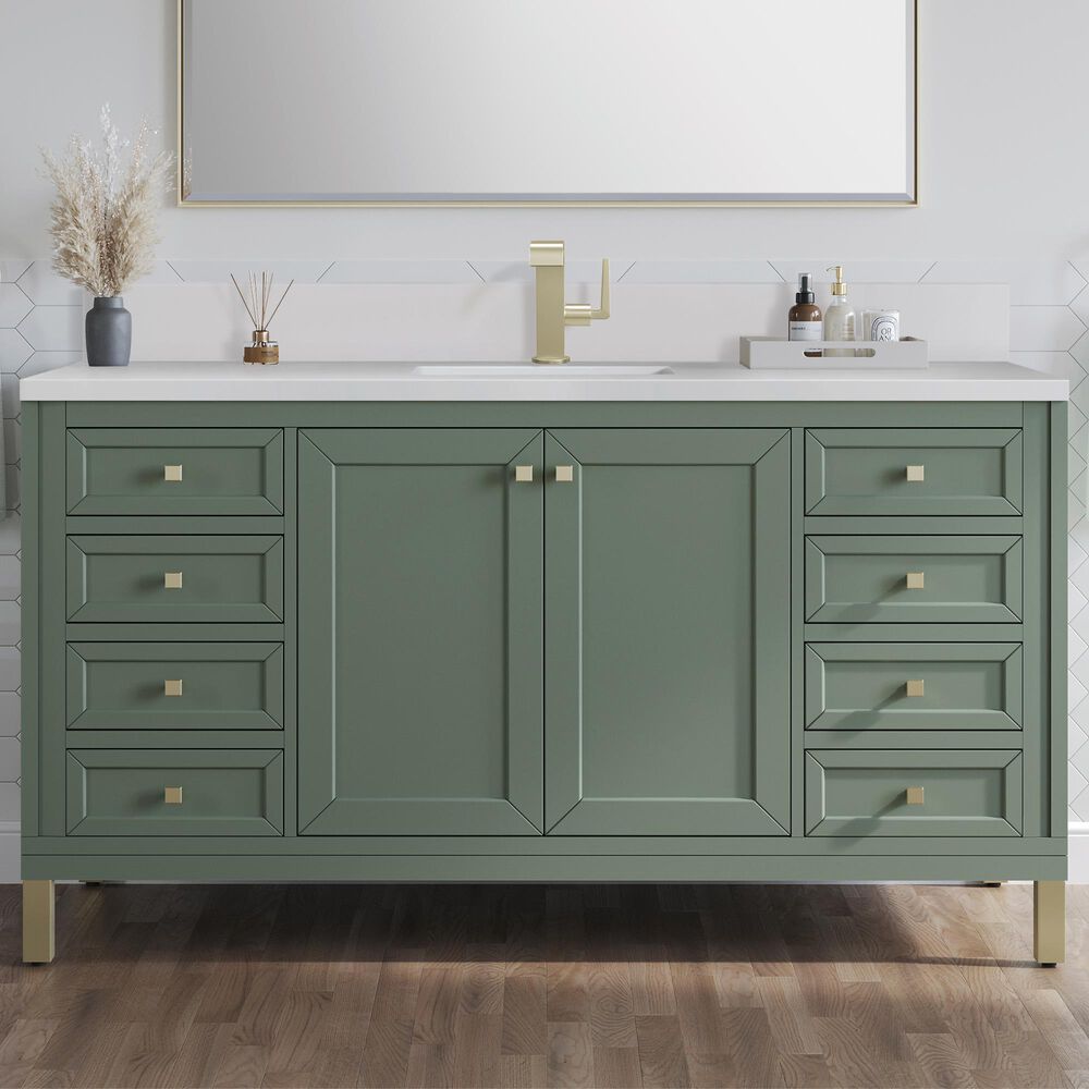 James Martin Vanities Chicago 60&quot; Single Bathroom Vanity in Smokey Celadon with Single Hole 3 cm White Zeus Quartz Top and Rectangular Sink, , large