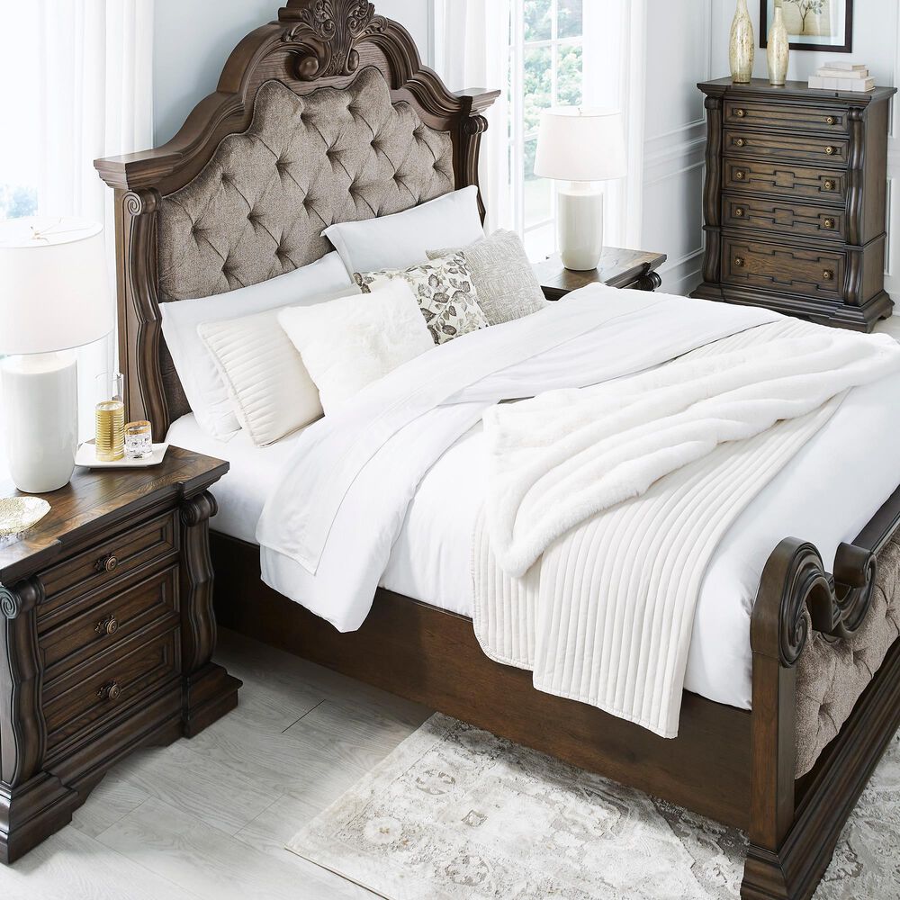 Millenium Queen Upholstered Bed and Two Nightstands in Dark Brown, , large