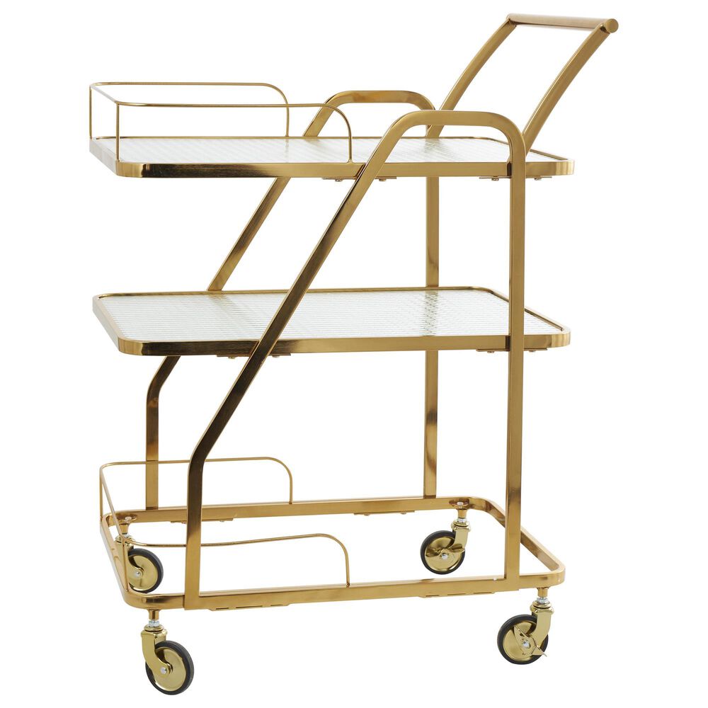 Maple and Jade 3-Shelf Bar Cart with Side Guards and Handle in Polished Gold and Transparent, , large