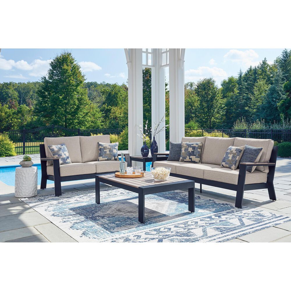 Ashley East Beach Stationary Loveseat with Beige Cushions in Navy Blue and Driftwood, , large