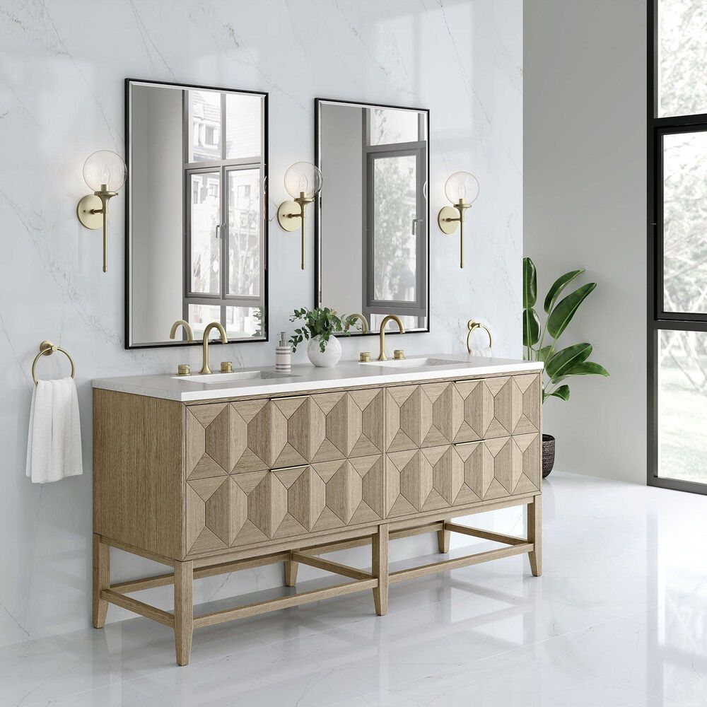 James Martin Vanities Emmeline 72&quot; Double Bathroom Vanity in Pebble Oak with 3 cm Arctic Fall Solid Surface Top and Rectangular Sinks, , large