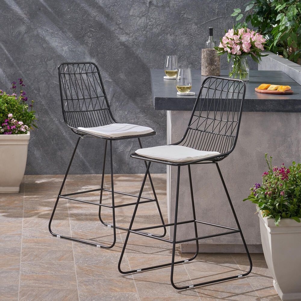 Hearth and Haven Niez Outdoor Counter Stool with Ivory Cushion in Black &#40;Set of 2&#41;, , large