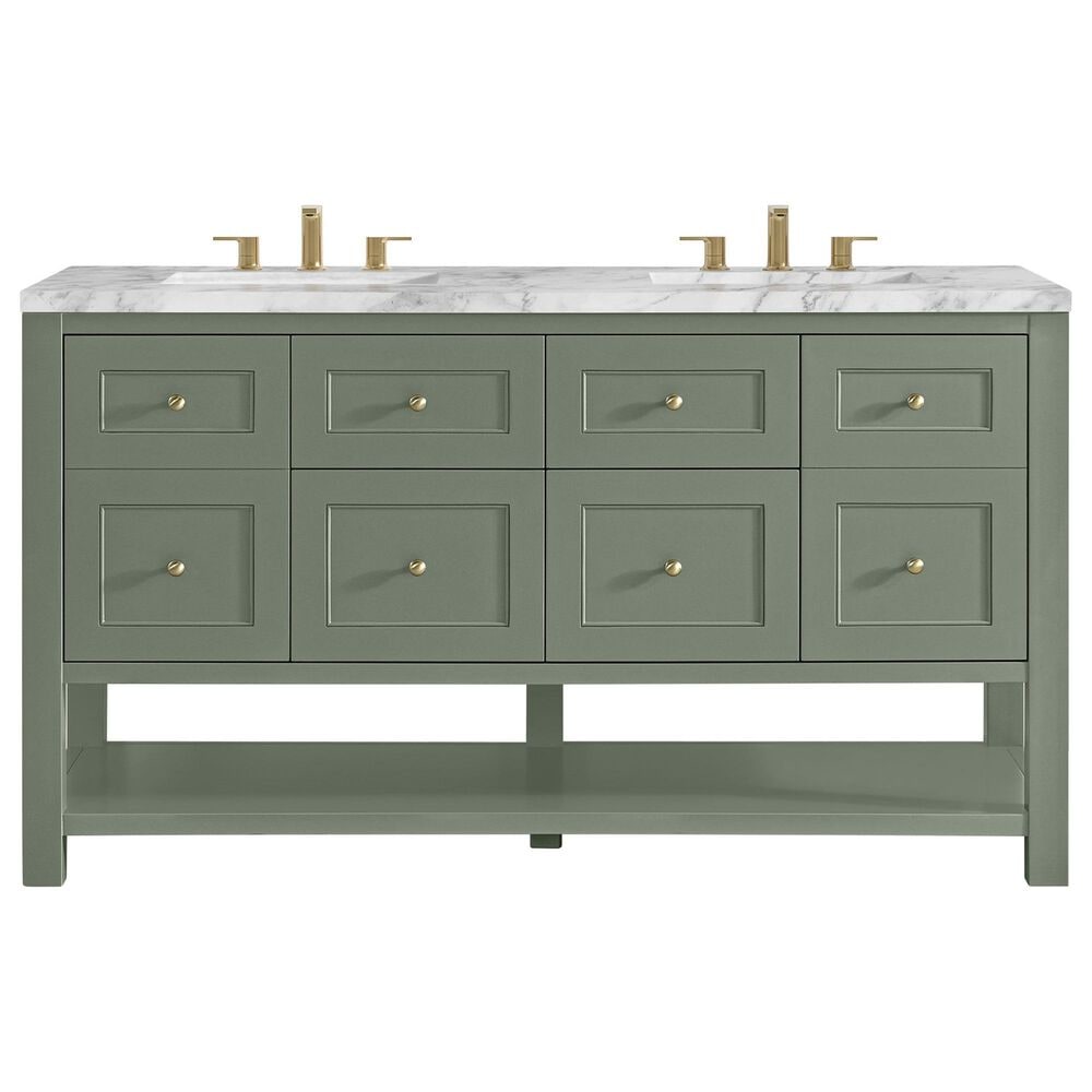 James Martin Vanities Breckenridge 60" Double Bathroom Vanity in Smokey Celadon with 3 cm Carrara White Marble Top and Rectangular Sinks, , large