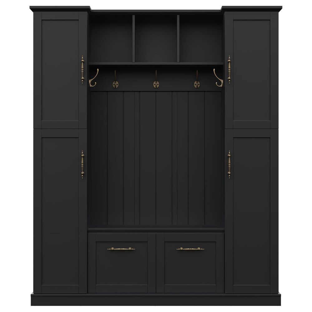 HOMLUX 5-Hook Hall Tree with 4 Side Cabinets and Storage Bench in Black, , large