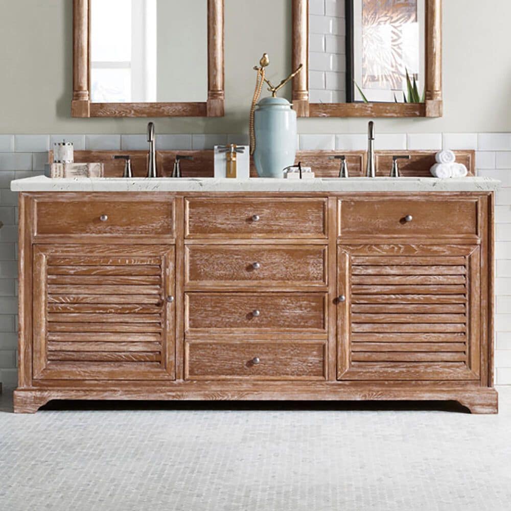 James Martin Vanities Savannah 72&quot; Double Bathroom Vanity in Driftwood with 3 cm Eternal Jasmine Pearl Quartz Top and Rectangular Sinks, , large