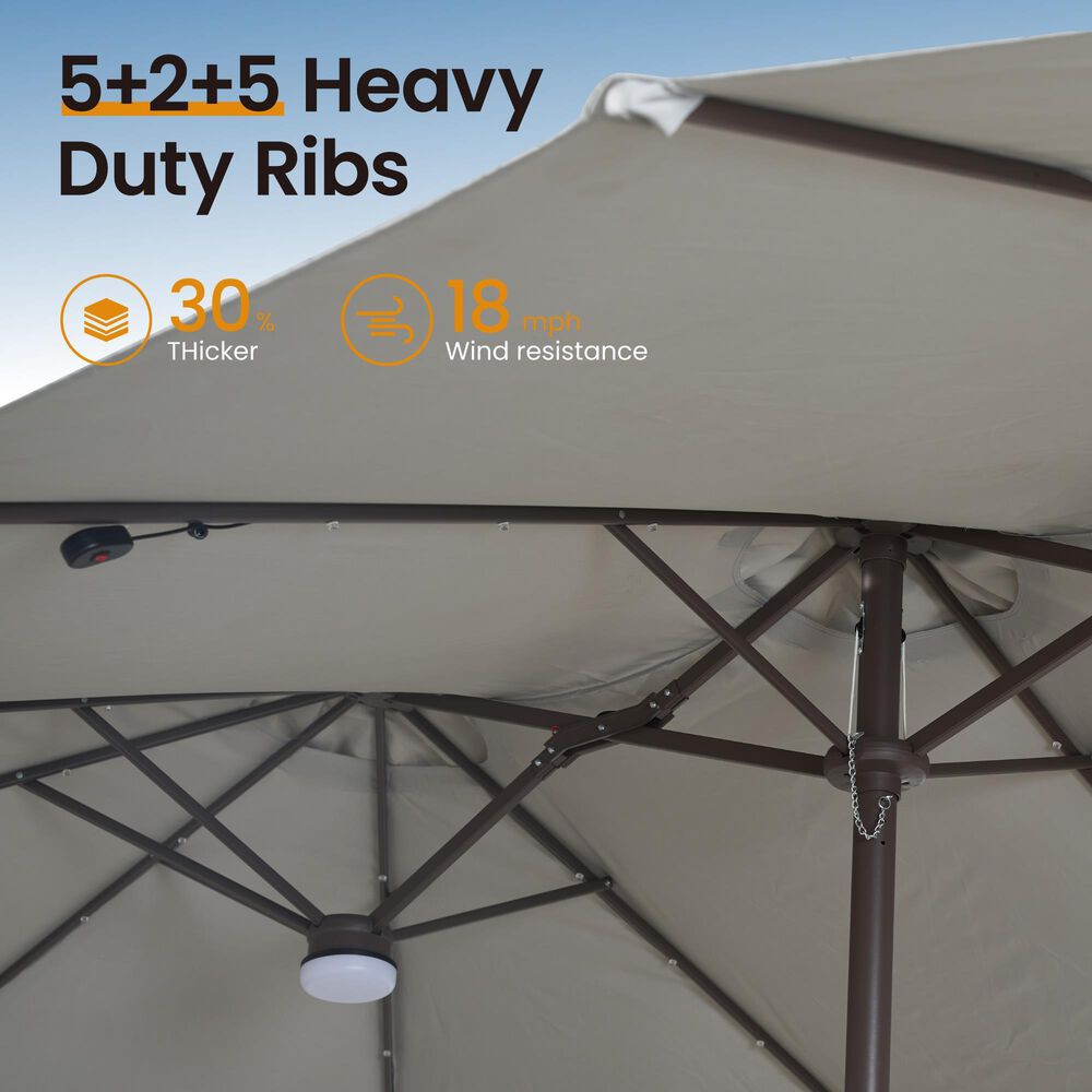 HOMLUX 15' Double-Sided Outdoor Market Umbrella with Sandbag Base and White LED Beads in Light Gray, , large