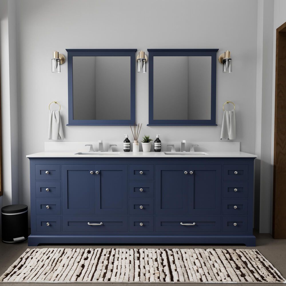 Lexora Home Dukes 84" Double Bathroom Vanity in Navy Blue with 2 cm White Cultured Marble Top and Rectangular Sinks, , large