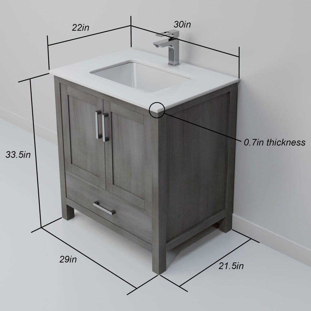 Lexora Home Jacques 30" Single Bathroom Vanity in Distressed Grey with 2 cm White Quartz Top and Rectangular Sink, , large