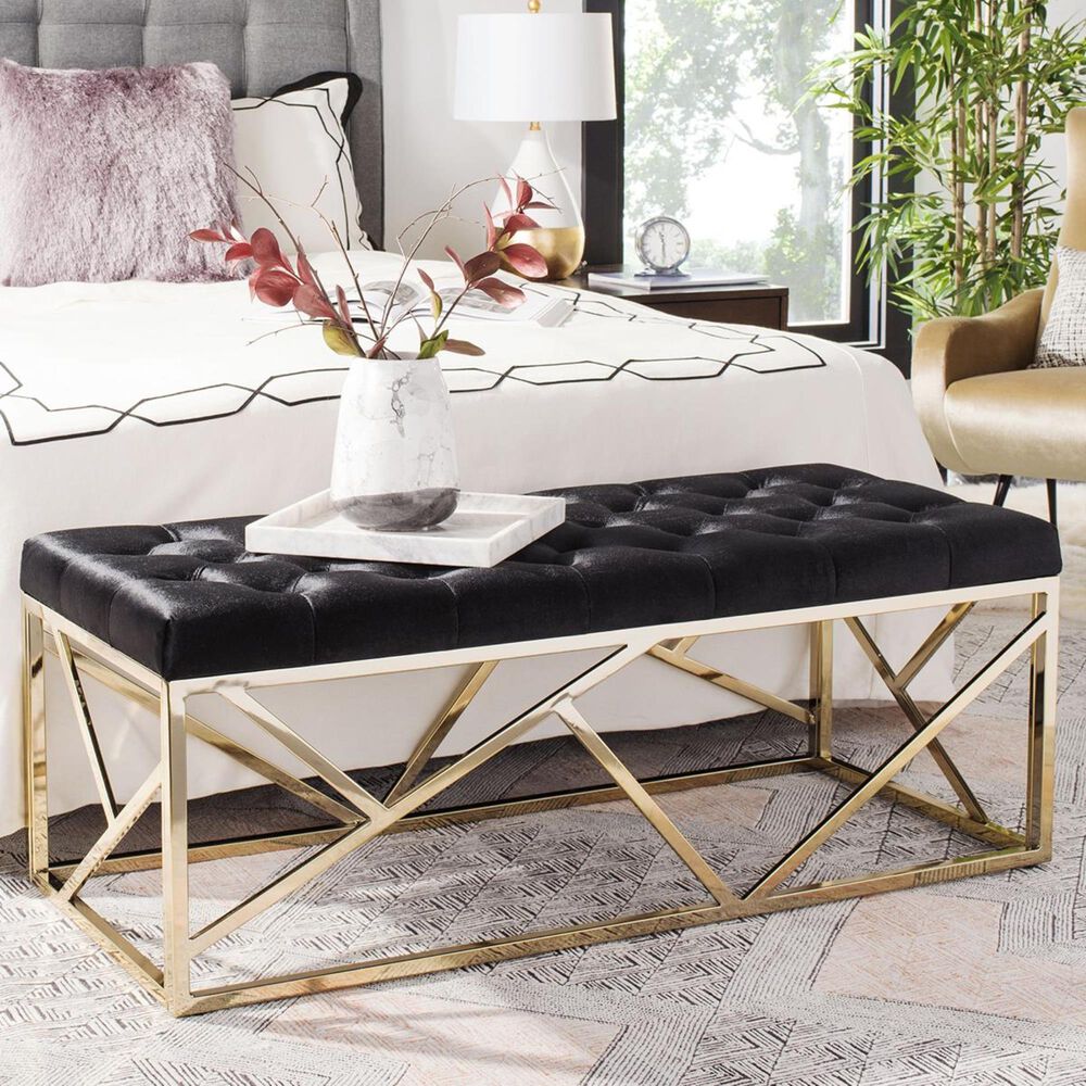 Safavieh Farah Tufted Rectangular Bench in Black/Brass, , large