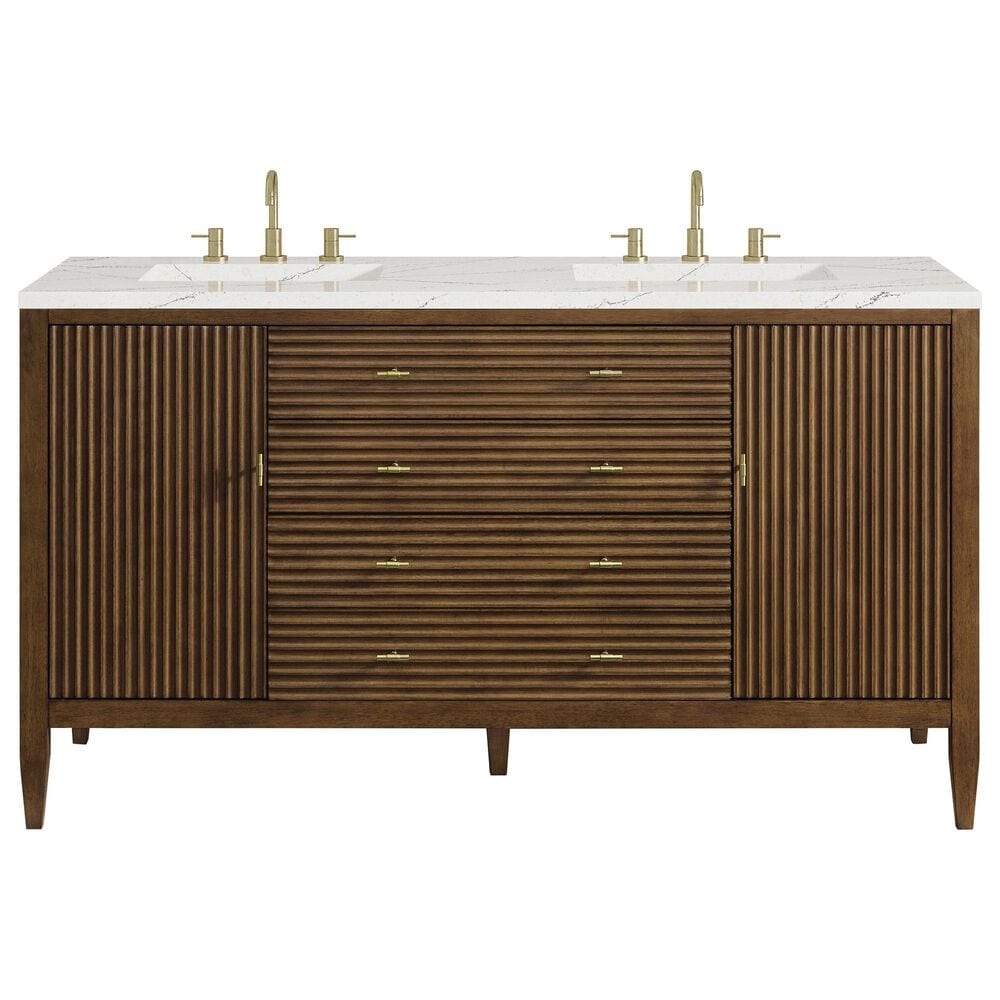 James Martin Vanities Myrrin 60&quot; Double Vanity in Mid Century Walnut with 3 cm Ethereal Noctis Quartz Top, , large