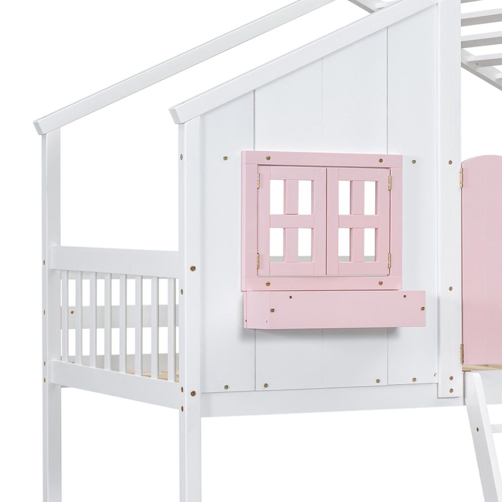 Hearth and Haven Twin over Twin House Bunk Bed with Roof in Pink and White, , large