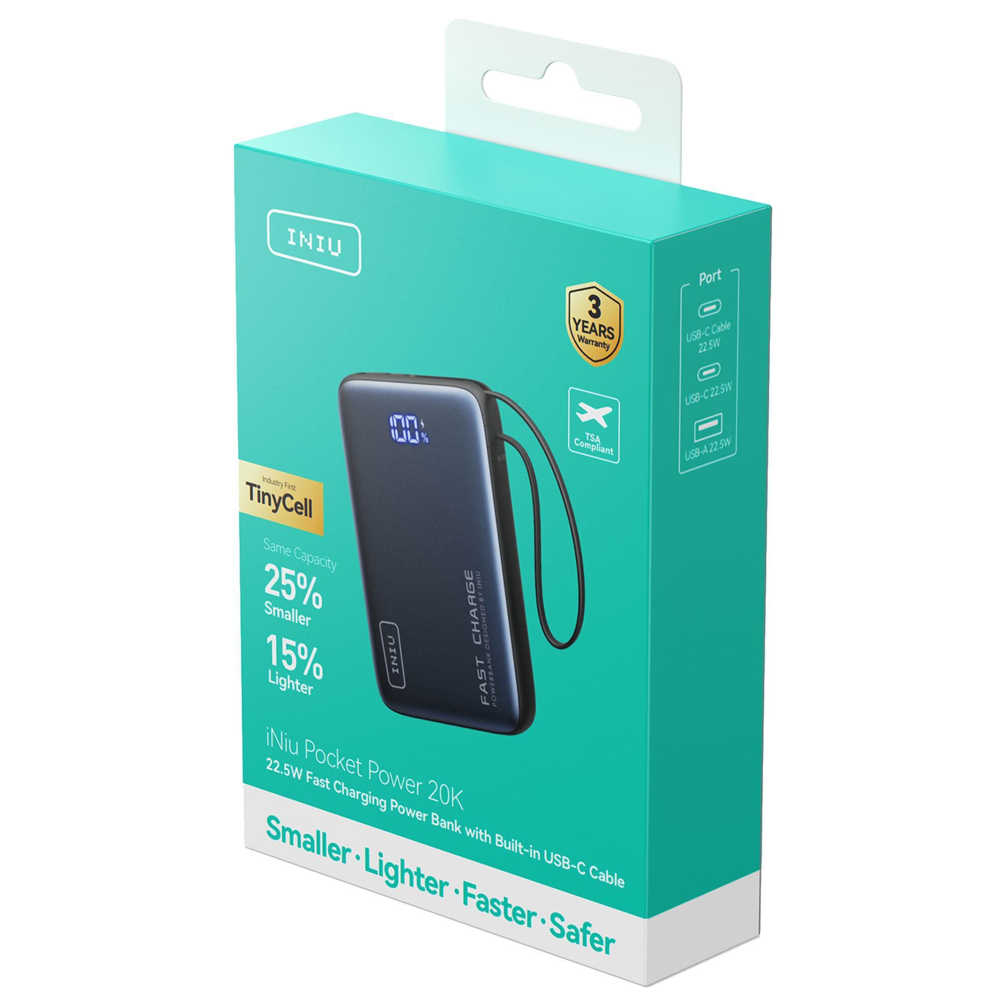 INIU Pocket Power 20000mAh Fast Charging Power Bank in Black