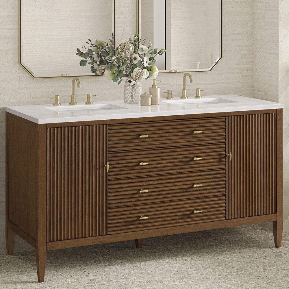 James Martin Vanities Myrrin 60&quot; Double Vanity in Mid Century Walnut with 3 cm Arctic Fall Solid Surface Top, , large