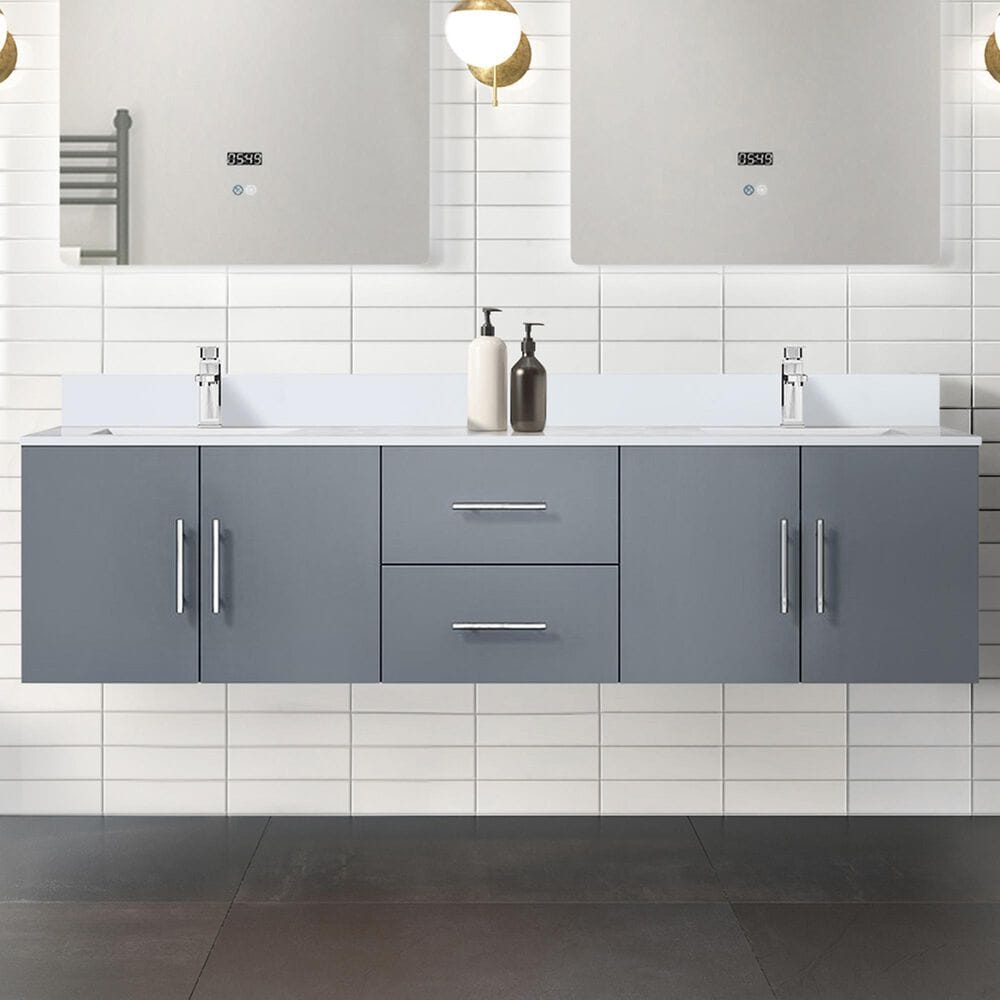 Lexora Home Geneva 72&quot; Double Bathroom Vanity in Dark Grey with 2 cm White Quartz Top and Rectangular Sinks, , large