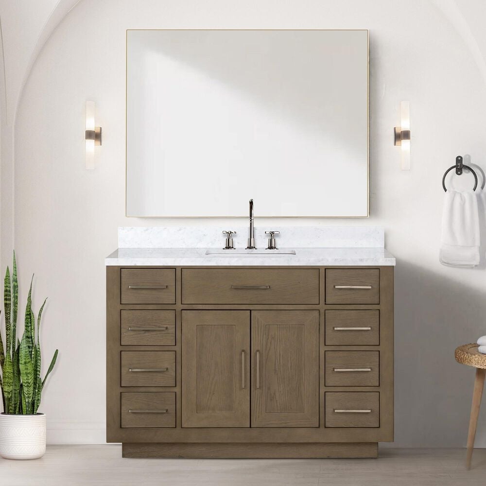 Lexora Home Abbey 48&quot; Single Bathroom Vanity in Grey Oak with 2 cm White Carrara Marble Top and Rectangular Sink, , large