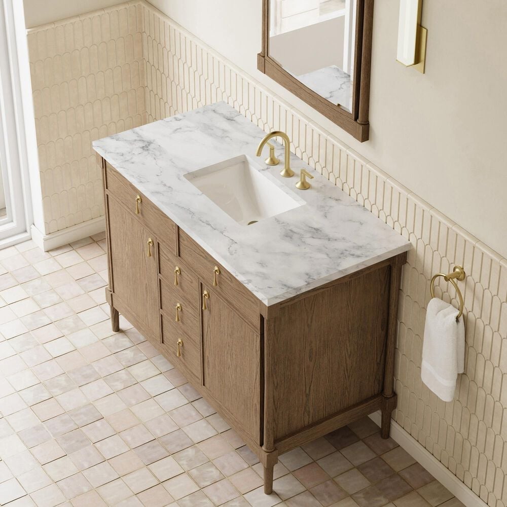 James Martin Kinnsden 48" Single Bathroom Vanity in Weathered Oak with 3 cm Carrara Marble Top and Rectangular Sink, , large