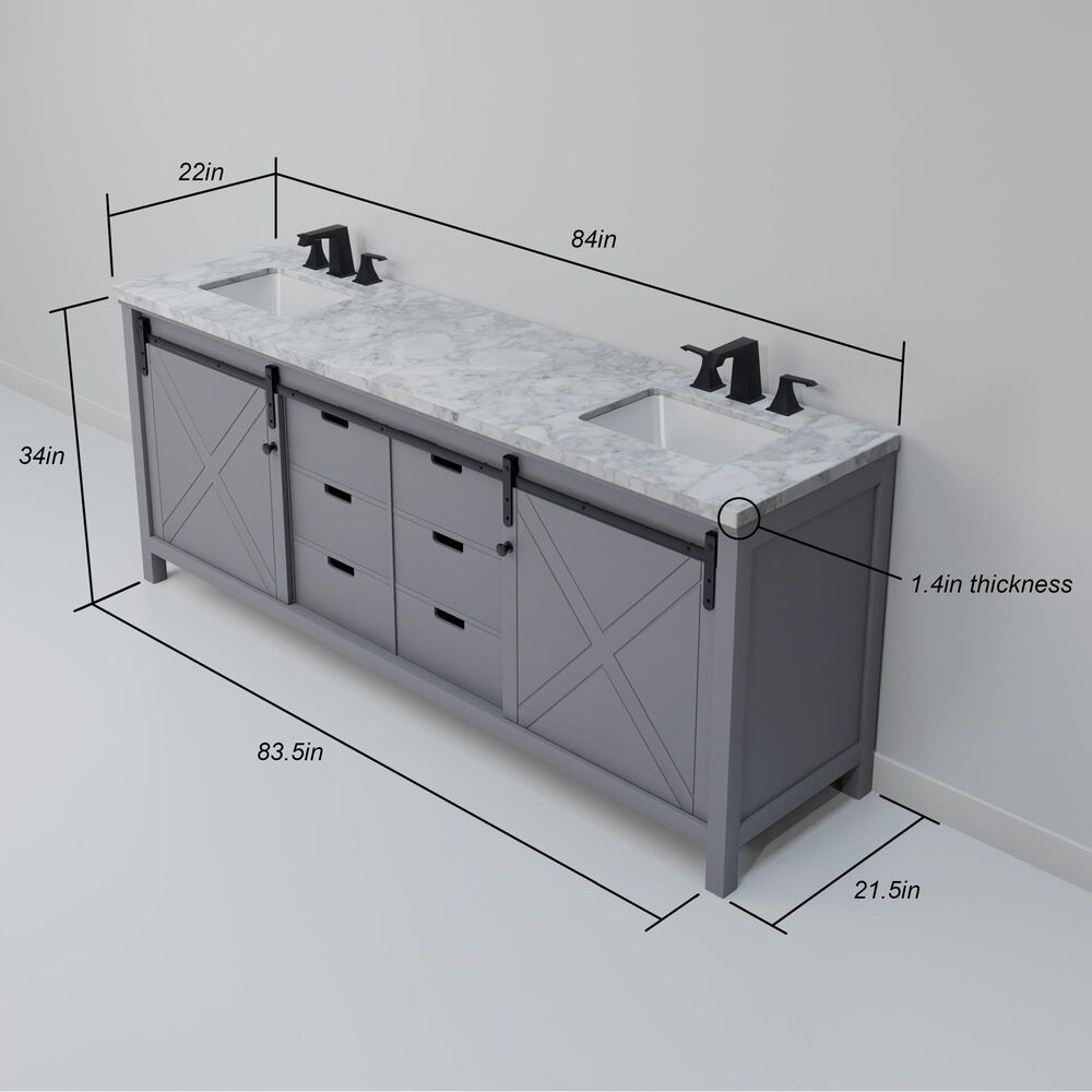 Lexora Home Marsyas 84&quot; Double Bathroom Vanity in Dark Grey with White Carrara Marble Top and Rectangular Sinks, , large