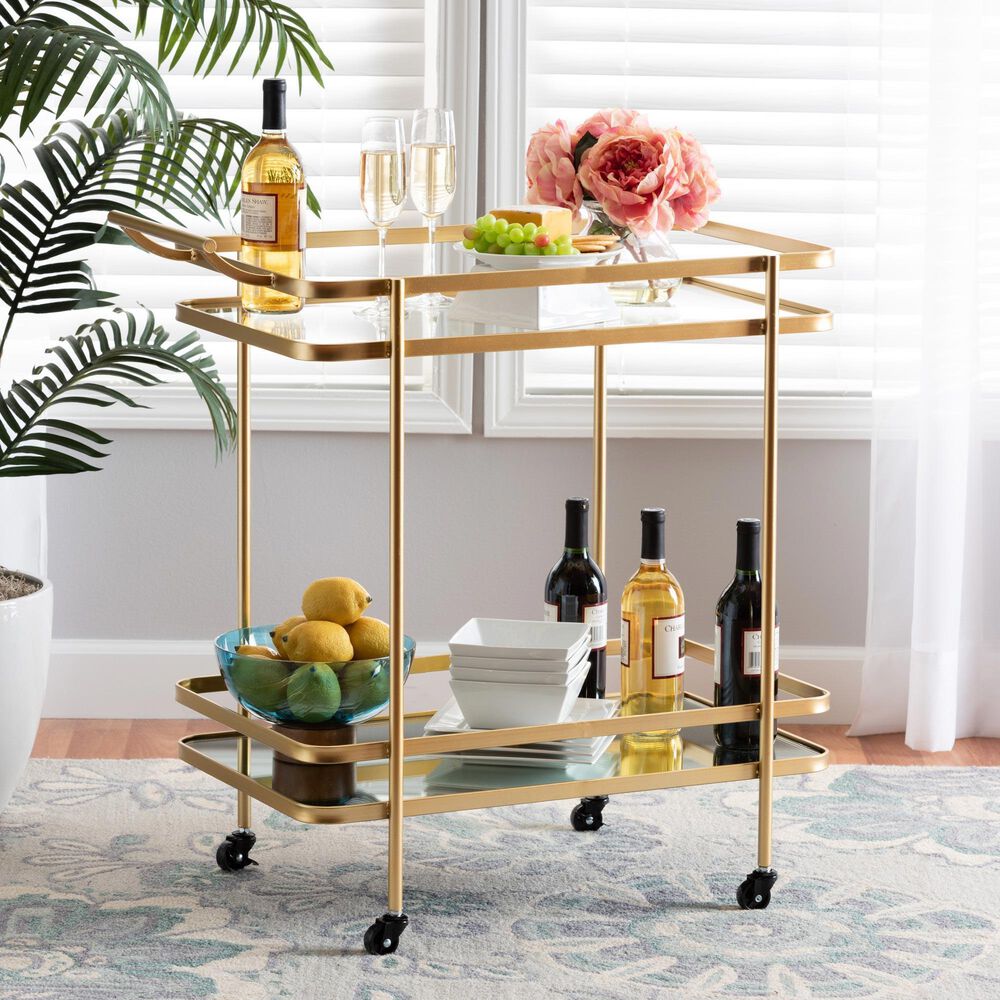Baxton Studio Destin 2-Tier Mobile Wine Bar Cart in Brushed Gold and Clear, , large