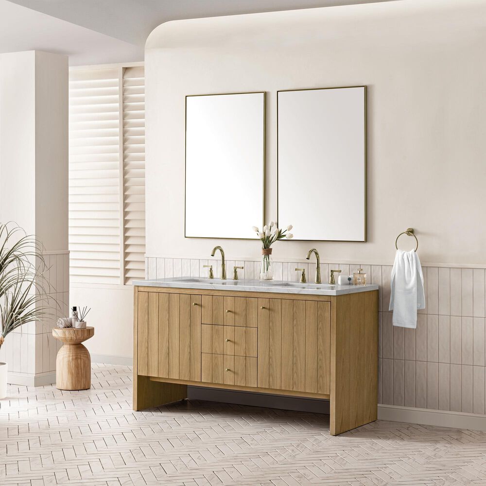 James Martin Vanities Hudson 60" Double Bathroom Vanity in Light Natural Oak with 3 cm Eternal Jasmine Pearl Silestone Top, Rectangular Sinks and FreePower Wireless Charger, , large
