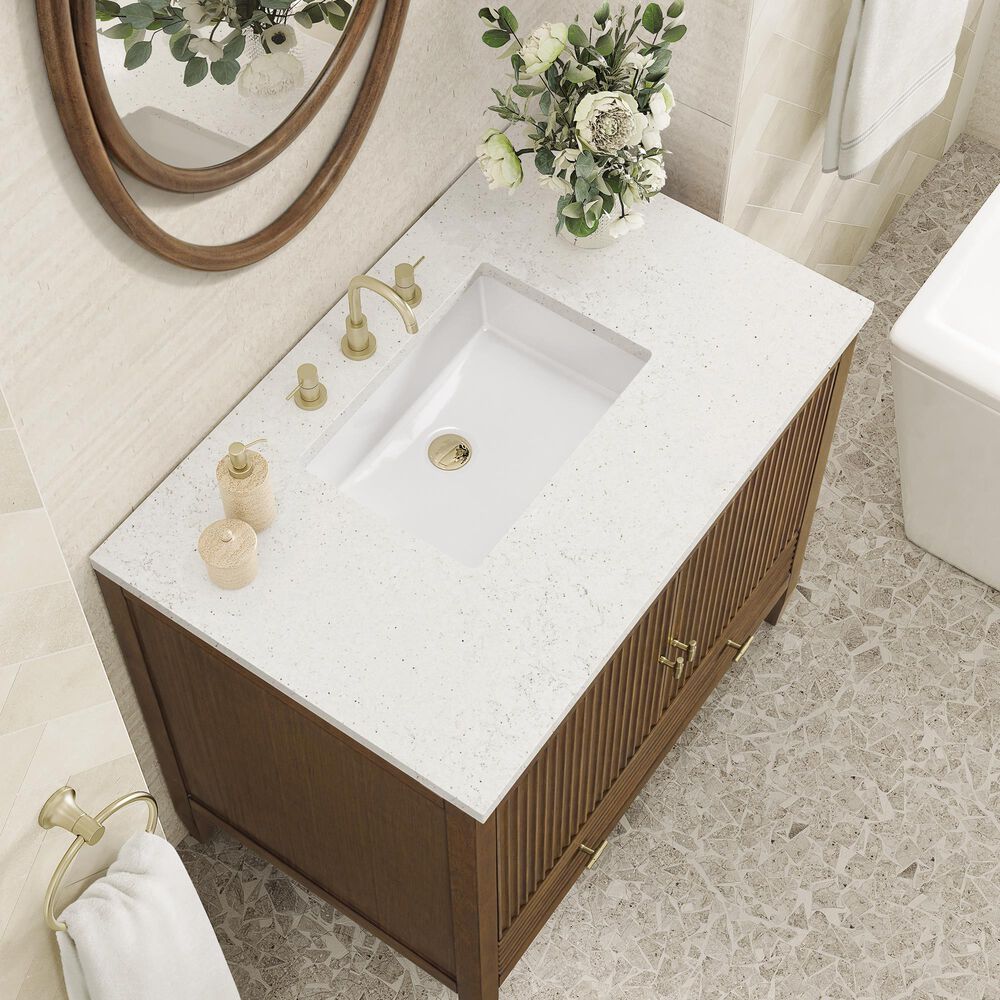 James Martin Vanities Myrrin 36&quot; Vanity in Mid-Century Walnut with 3 cm Lime Delight Quartz Top, , large