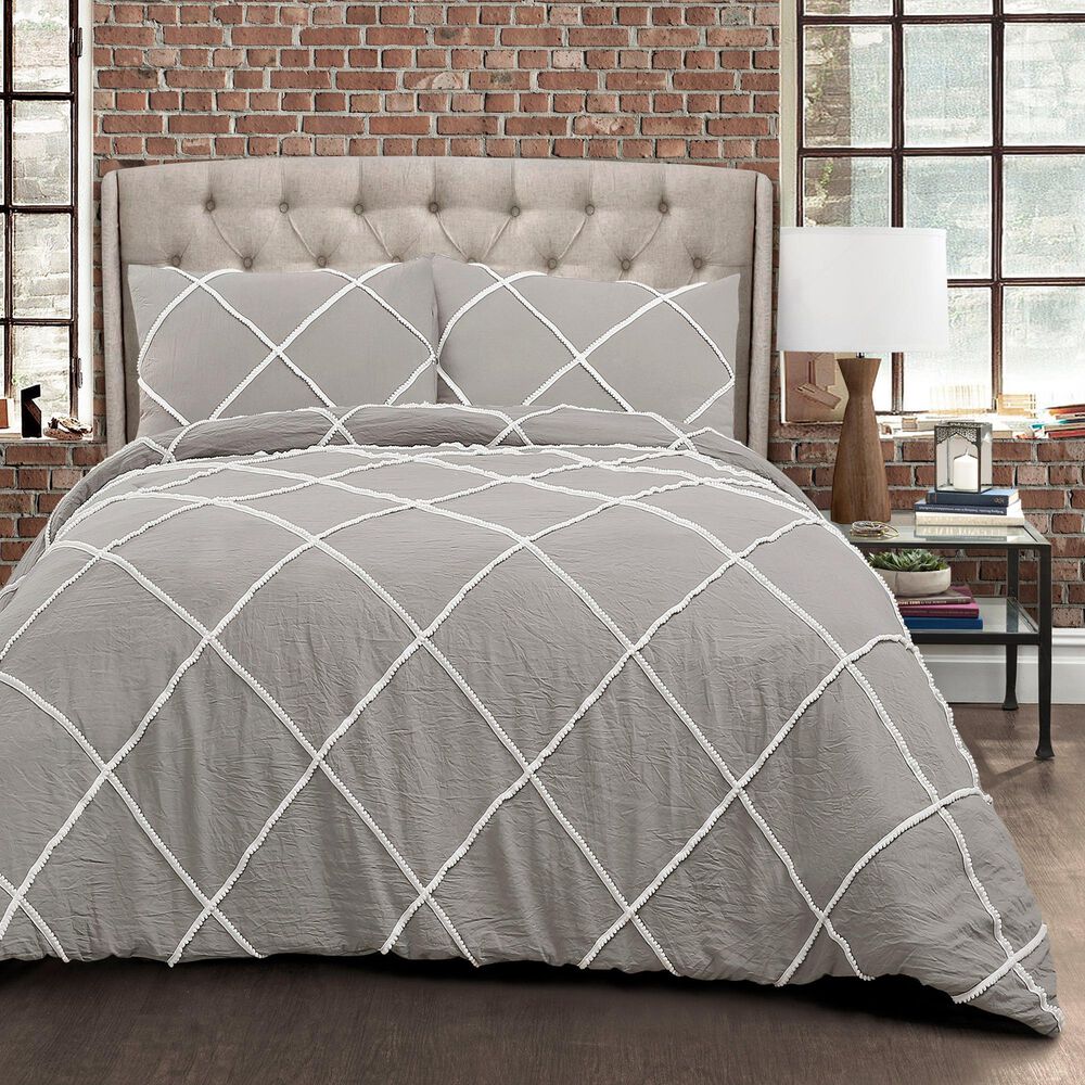 Triangle Home Fashions Diamond Pom 3-Piece King Comforter Set in Gray, , large