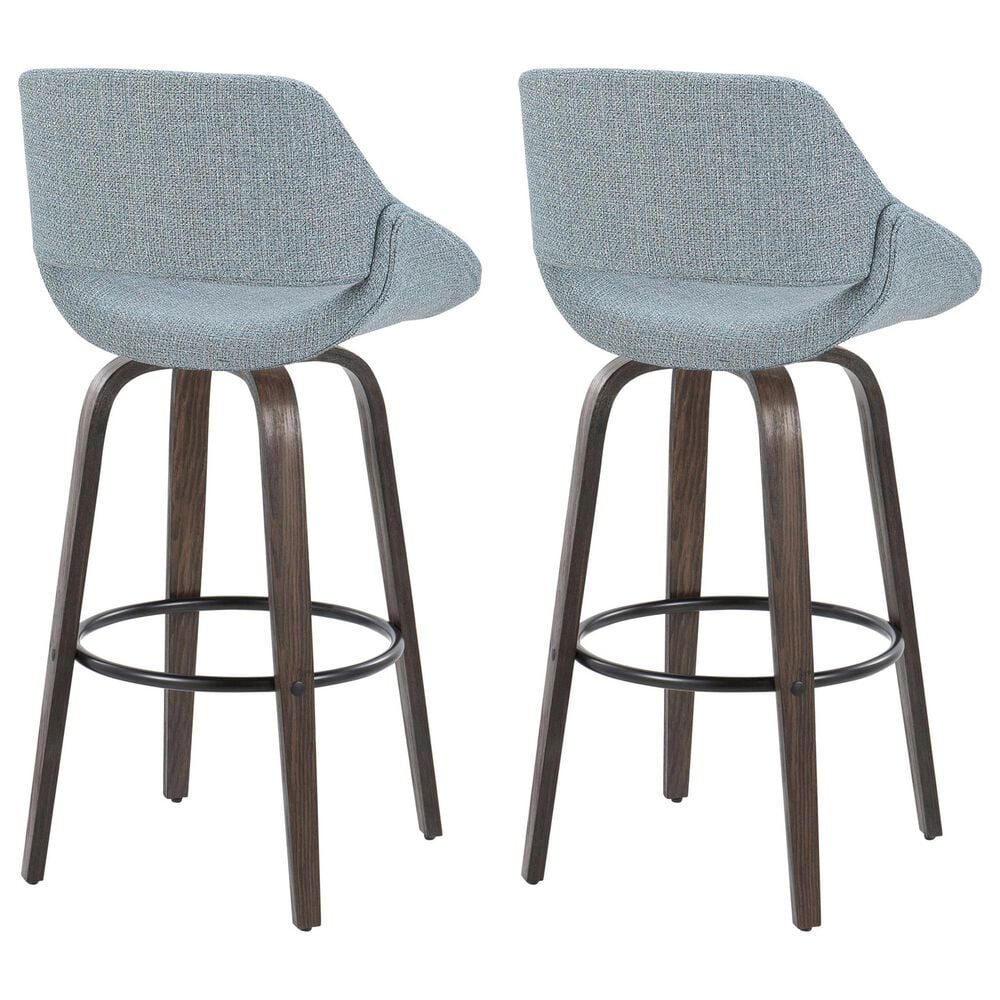 LumiSource Fabrico 30" Swivel Fixed-Height Bar Stool with Blue Noise Fabric Upholstery in Black and Glazed Walnut (Set of 2), , large