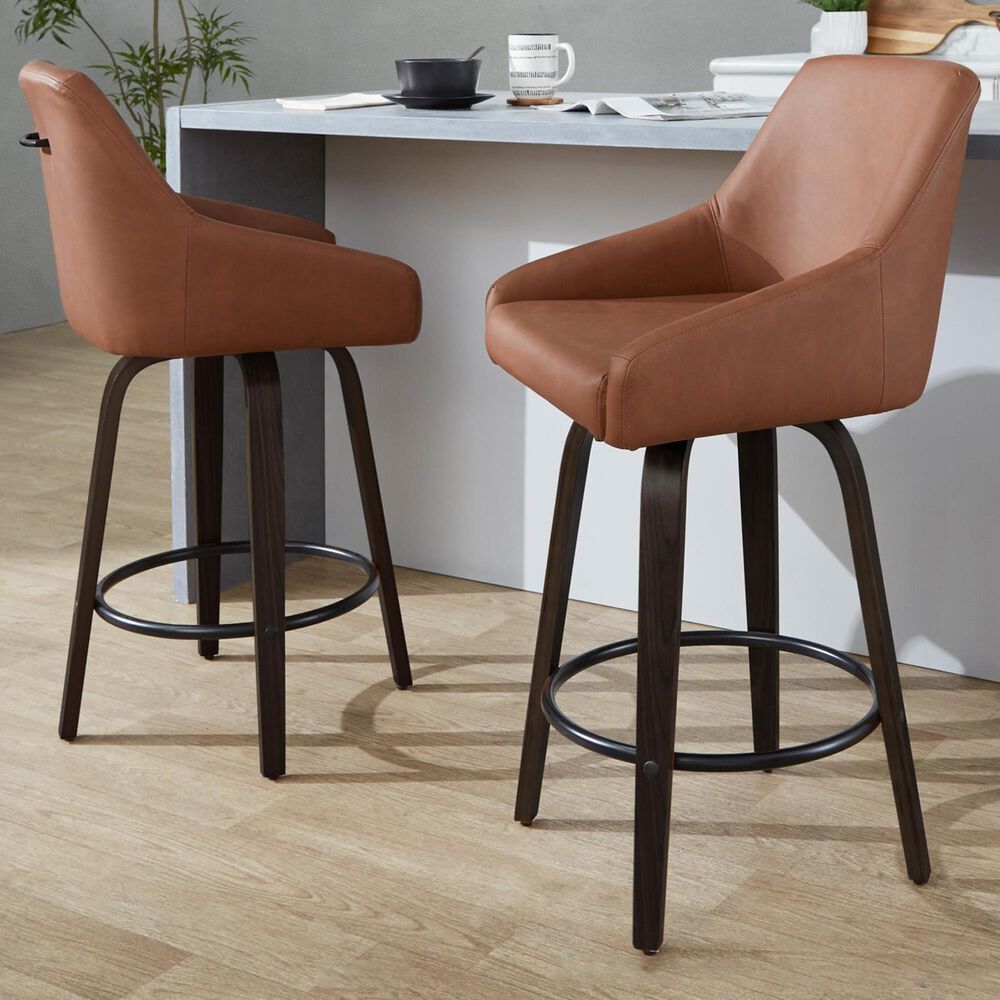 LumiSource Hannah Swivel Counter Stool with Camel Faux Leather Upholstery in Walnut and Black (Set of 2), , large