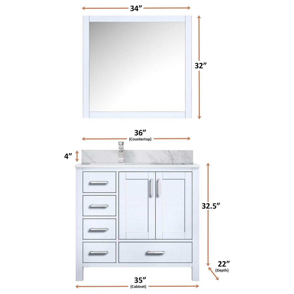 Lexora Home Jacques 36&quot; Right Offset Single Bathroom Vanity in White with 2 cm White Carrara Marble Top and Rectangular Sink, , large