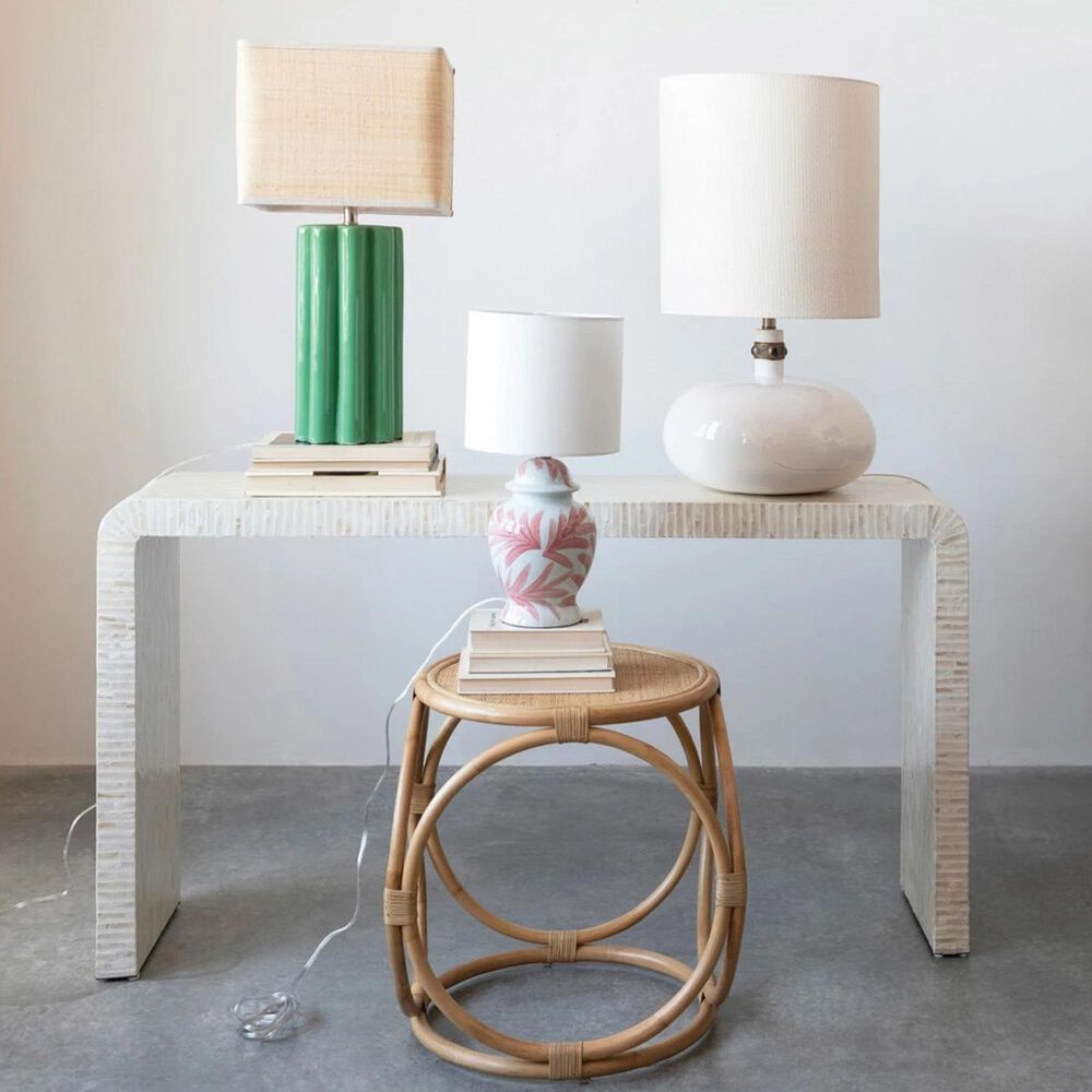 Creative Coop Paisley Stoneware Table Lamp with Fluted Base and Raffia Shade in Green, , large
