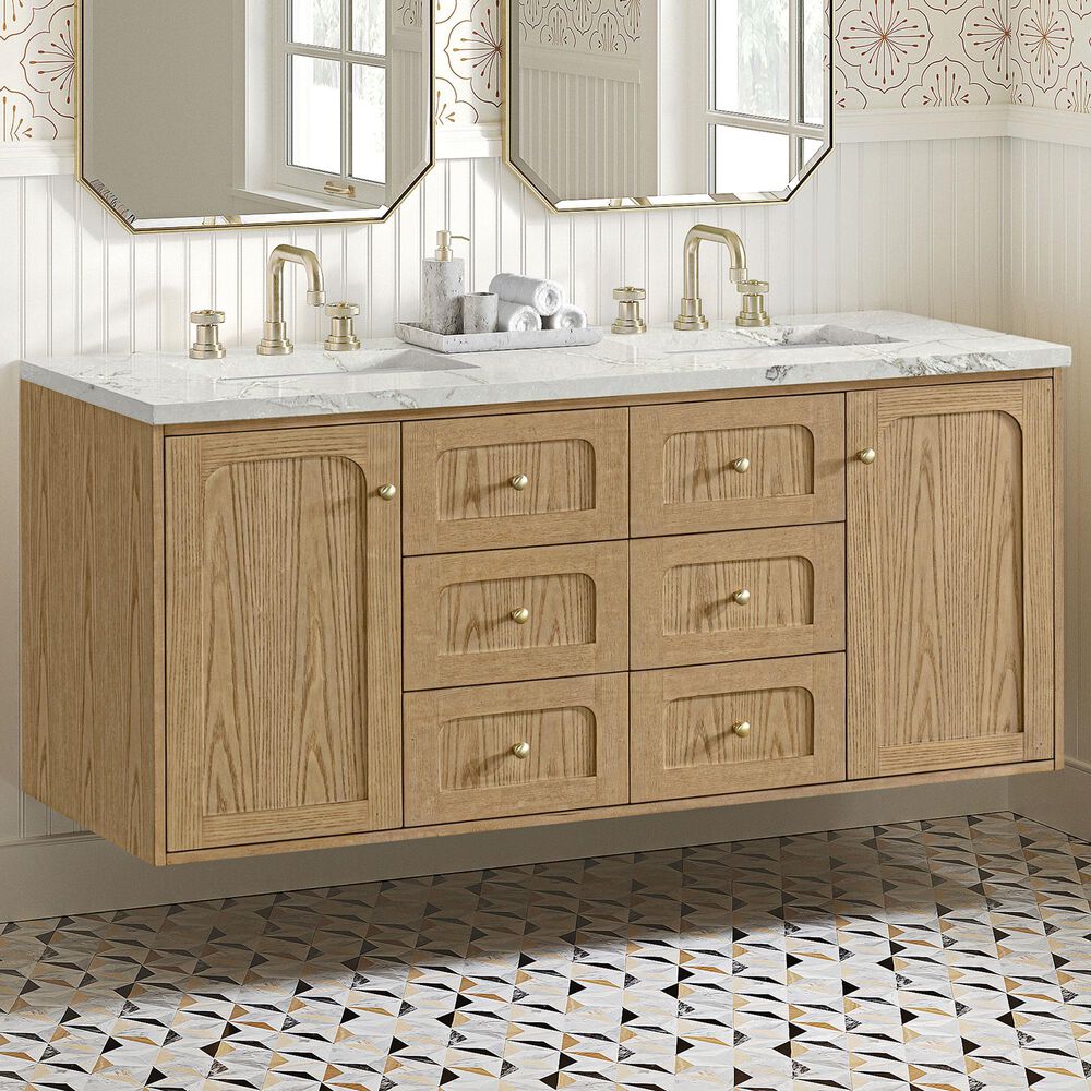 James Martin Vanities Laurent 60&quot; Double Bathroom Vanity in Light Natural Oak with 3 cm Victorian Silver Quartz Top and Rectangular Sinks, , large