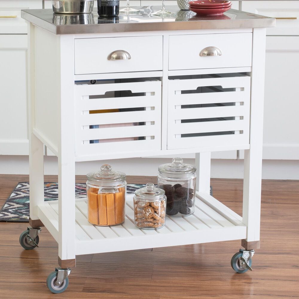 Linon Home Decor Robbin Kitchen Cart in White and Stainless Steel, , large