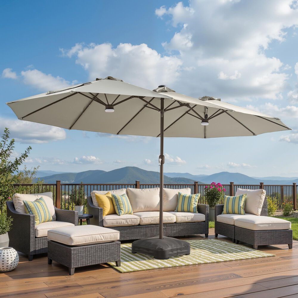HOMLUX 15' Double-Sided Outdoor Market Umbrella with Sandbag Base and White LED Beads in Light Gray, , large