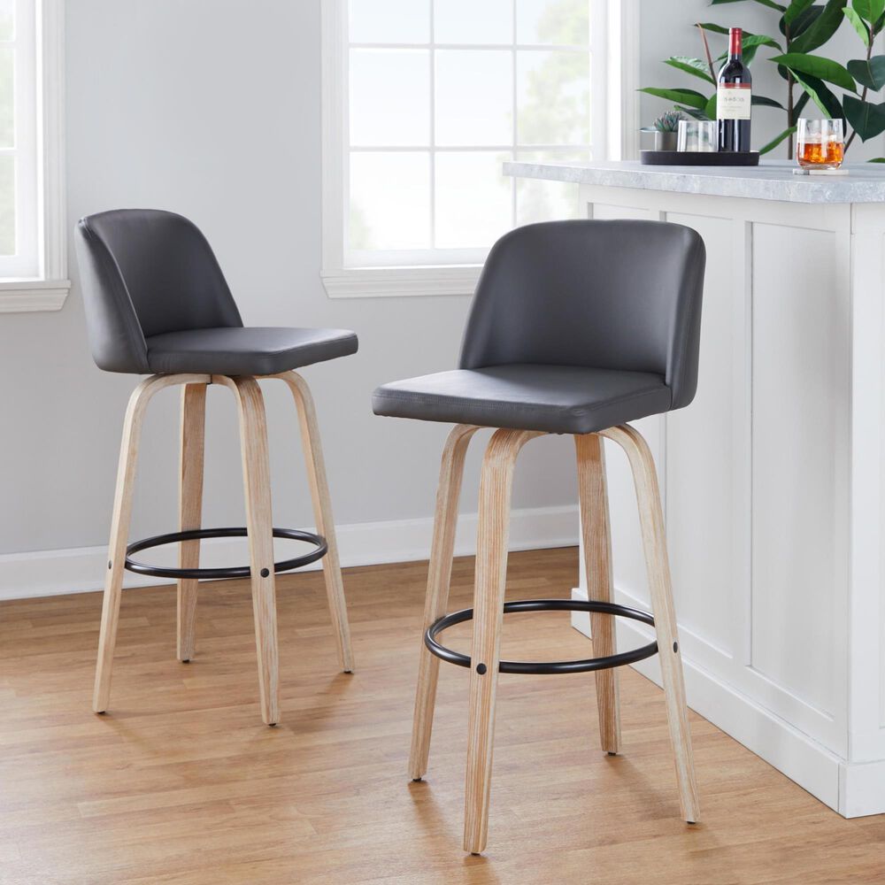 LumiSource Toriano Swivel Bar Stool with Grey Faux Leather Upholstery in Whitewashed and Black (Set of 2), , large