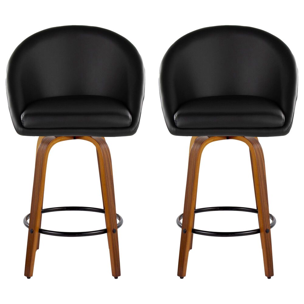 LumiSource Matisse 26" Swivel Counter Stool with Black Faux Leather Upholstery in Walnut and Black (Set of 2), , large