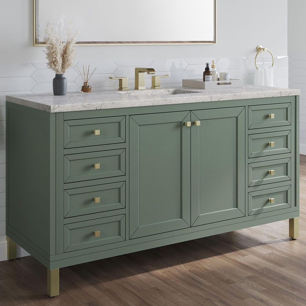 James Martin Vanities Chicago 60" Single Bathroom Vanity in Smokey Celadon with 3 cm Eternal Jasmine Pearl Quartz Top, Rectangular Sink and FreePower Wireless Charger, , large