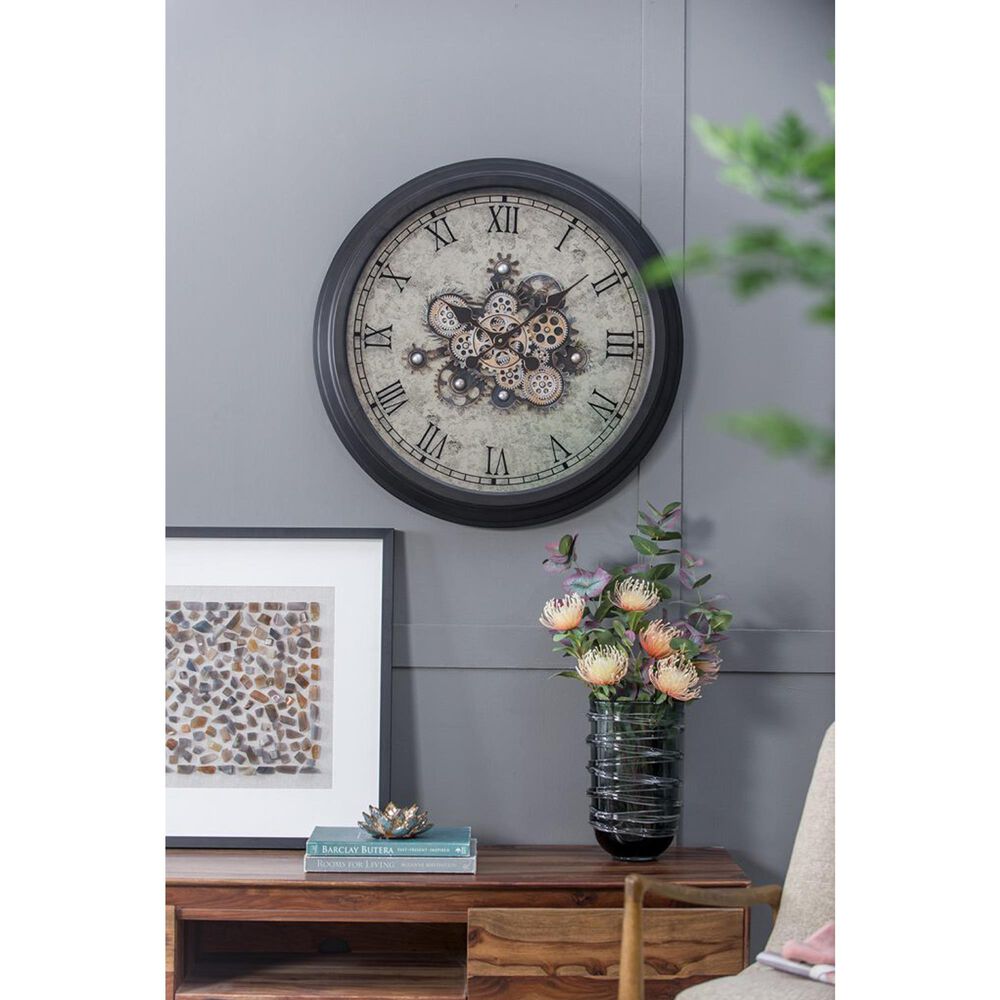 A&amp;B Home Round Clock with Exposed Gold Gears in Gray and Black, , large