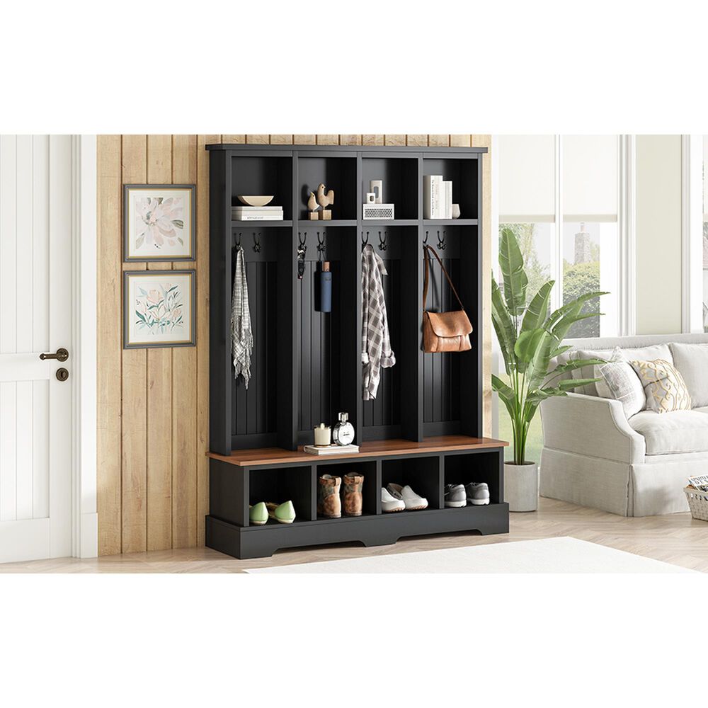 HOMLUX 8-Hook Hall Tree with Entryway Bench in Black and Walnut, , large