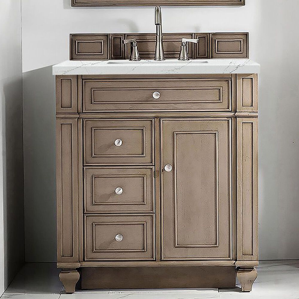 James Martin Vanities Bristol 30&quot; Single Bathroom Vanity in Whitewashed Walnut with 3 cm Ethereal Noctis Quartz Top and Rectangular Sink, , large