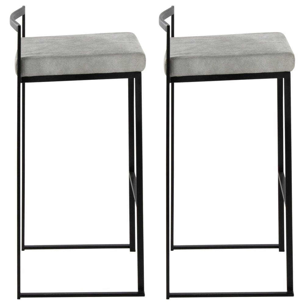 LumiSource Fuji 34" Stacker Bar Stool with Light Grey Cowboy Upholstery in Black (Set of 2), , large