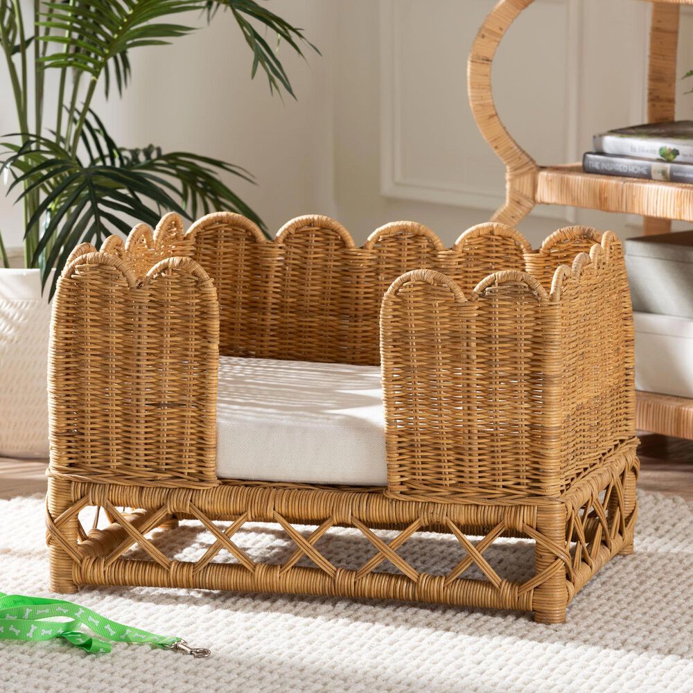 Baxton Studio Palm Rattan Pet Bed with Removable Cushion in Light Honey, , large
