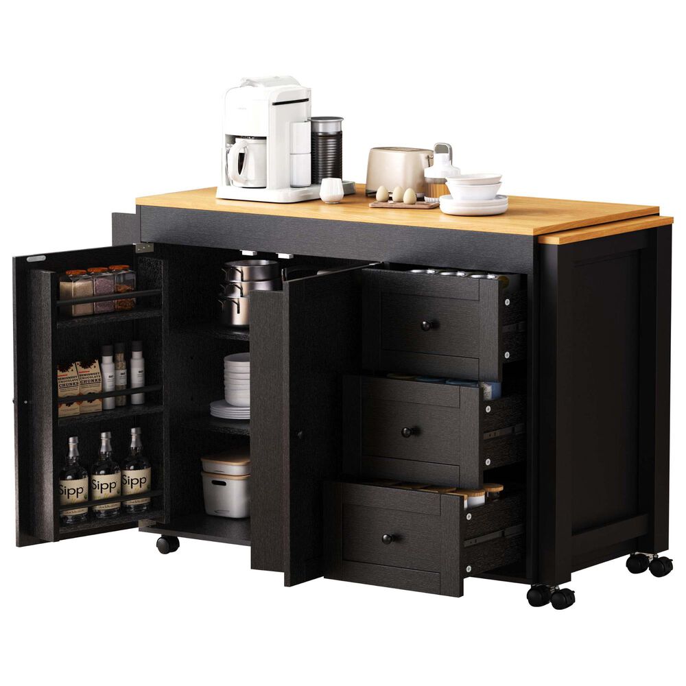 HOMLUX 74.8" Kitchen Island with Extendable Dining Table in Black and Natural, , large