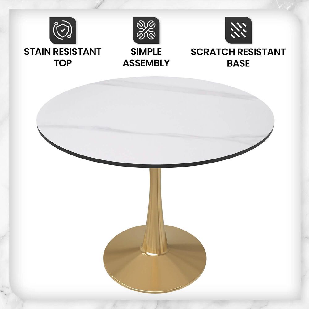 Leisuremod Leisuremod Bristol 35 round dining table Gold base with White Sintered stone Top, , large