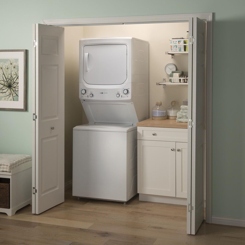GE Appliances 3.9 Cu. Ft. Front Load Washer and 5.9 Cu. Ft. Electric Dryer Stack Laundry in White, , large