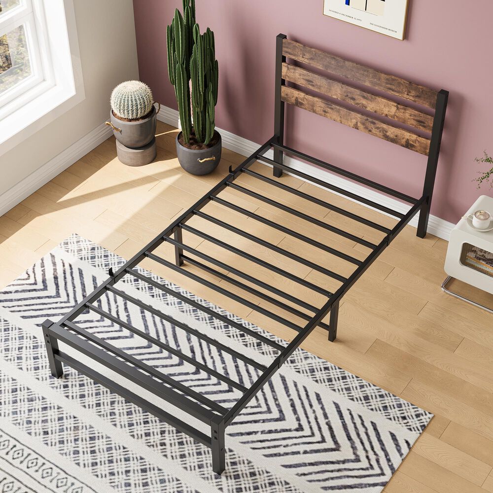 Hearth and Haven Twin Platform Bed with Slat Wood Headboard in Black and Rustic Brown, , large