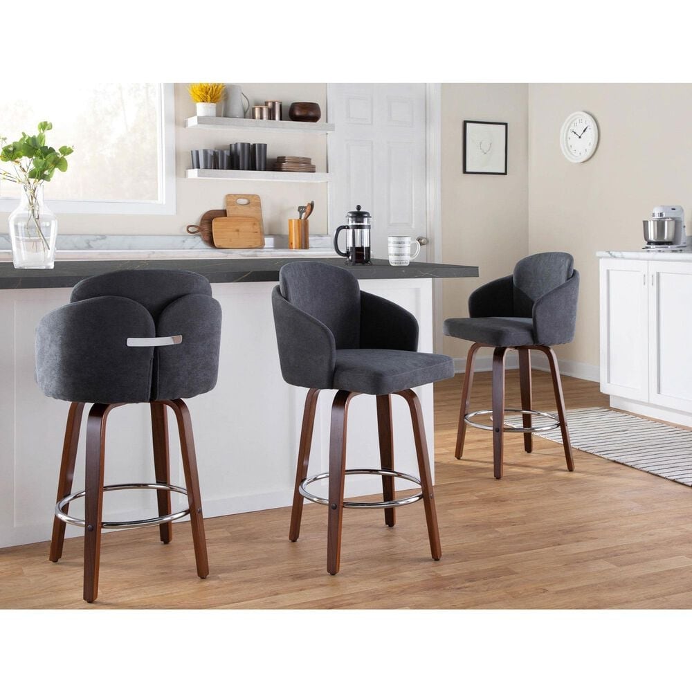 LumiSource Dahlia Swivel Counter Stool with Grey Upholstery in Walnut and Chrome (Set of 2), , large